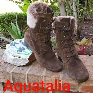 Aquatalia Brown Marvel Waterproof Boots Suede Faux Fur Lace Up Wedge Heel.